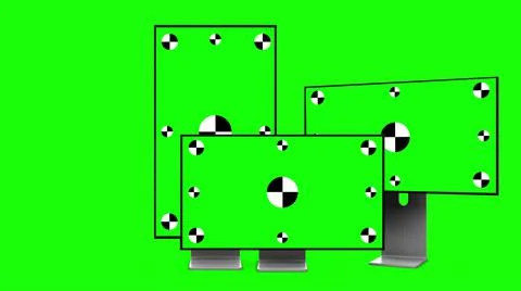 Three modern computers with green screen, isolated on green background. 3d Stock Illustration
