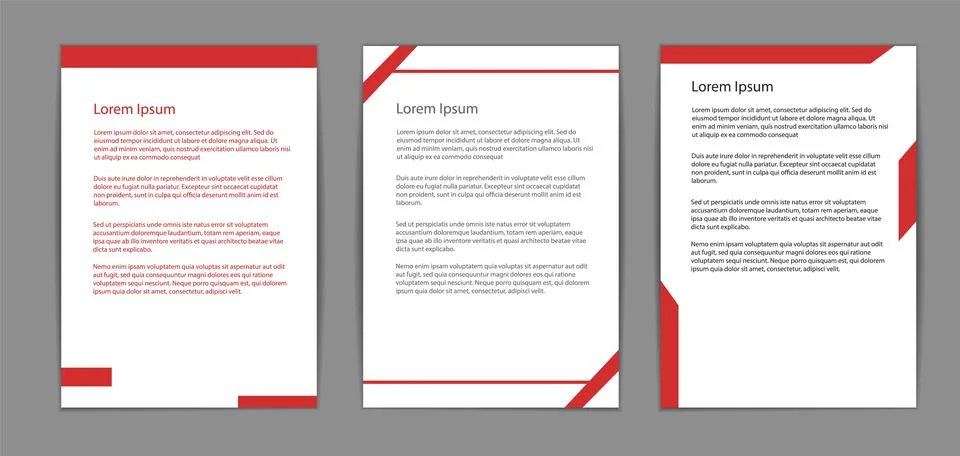 Three modern document templates with red accents. Each template features Stock Illustration