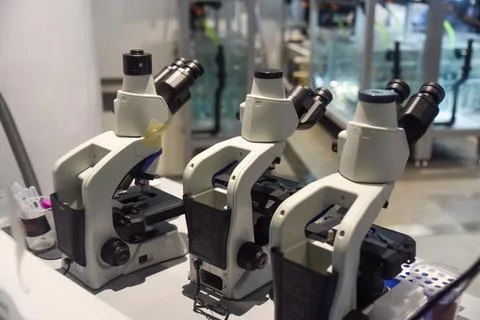 Three modern microscopes in a bright laboratory setting in Singapore, showc.. Foto stock
