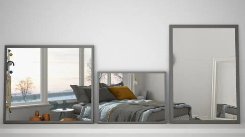 Three modern mirrors on shelf or desk reflecting interior design scene, bedro Illustrazione stock