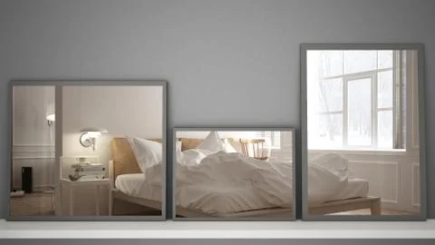 Three modern mirrors on shelf or desk reflecting interior design scene, scand Illustrazione stock