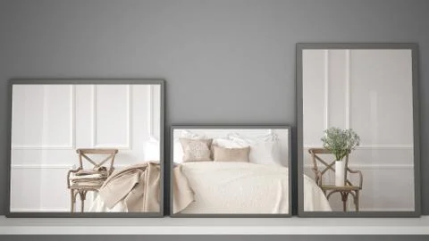 Three modern mirrors on shelf or desk reflecting interior design scene, class Stock Illustration