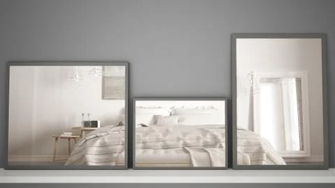 Three modern mirrors on shelf or desk reflecting interior design scene, class Stock Illustration