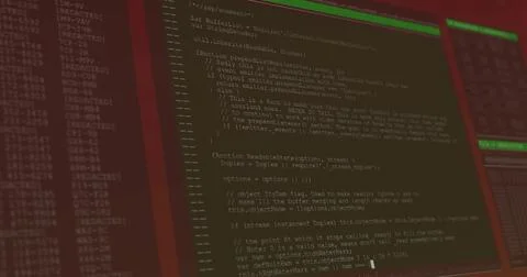 Three monitors displaying code in dark workspace with central screen showing Stock Photos