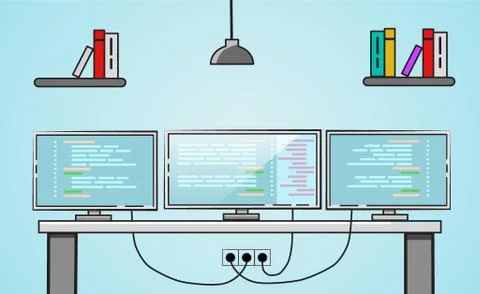 Three monitors setup. Creative office desktop workspace. Stock Illustration