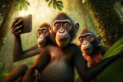 Three monkeys are holding up a tablet computer in the jungle with a forest .. Stock Illustration
