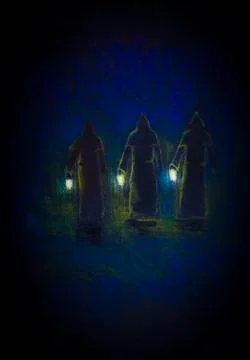 Three monks with lamps Stock Illustration