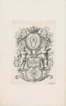 Three monograms in ornamental frame flanked by putti; The Sesde Part New T... Stock Photos