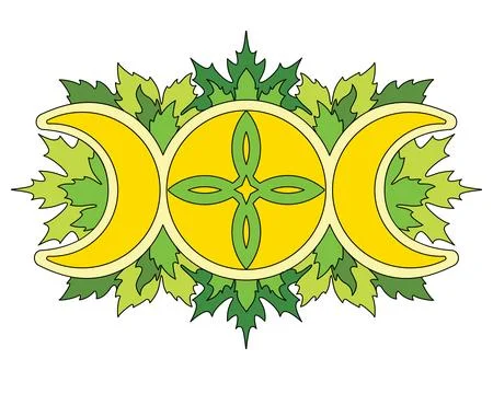 Three moons symbolizing the lunar phases and leaves around them - a full-color Stock-Illustration