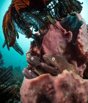 Three moray eels against the backdrop of a colorful underwater landscape of a Stock Photos
