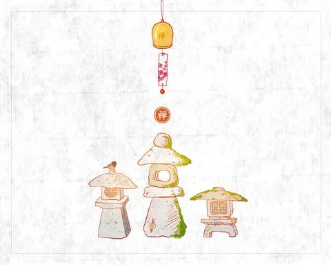 Three mossy stone toro lanterns and furin bell with sakura blossom. Japanese zen Illustrazione stock