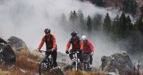 Three mountain bikers peddling through the forrest surrounded smoke slow motion Stock Footage 64689213