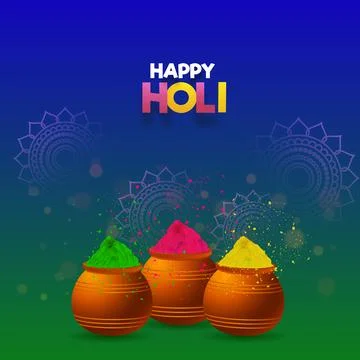 Three Mud Pots Full Of Dry Colors (Gulal) against Bokeh  Effect Mandala Blu.. Stock Illustration