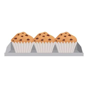 Three muffins with chocolate chips are cooling down on a baking sheet Illustrazione stock