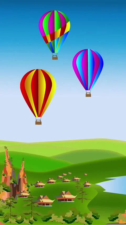Three multi-colored balloons fly across the blue sky against the background Stock Footage 237744763