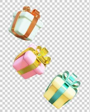 Three multi-colored gift boxes with bows. Shopping sale. Illustrazione stock