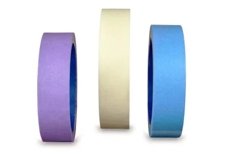 Three multi-colored roll of paint tape on an whitebackground. Foto stock