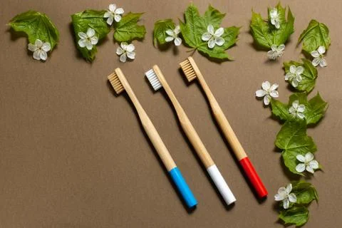 Three multi-colored toothbrushes on a brown background. Stock Photos