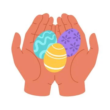 Three multicolored Easter eggs in human palms. Concept of Easter celebration Stock Illustration