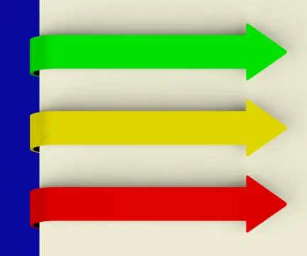 Three multicolored long arrow tabs over paper for menu list or notes Ilustración de archivo