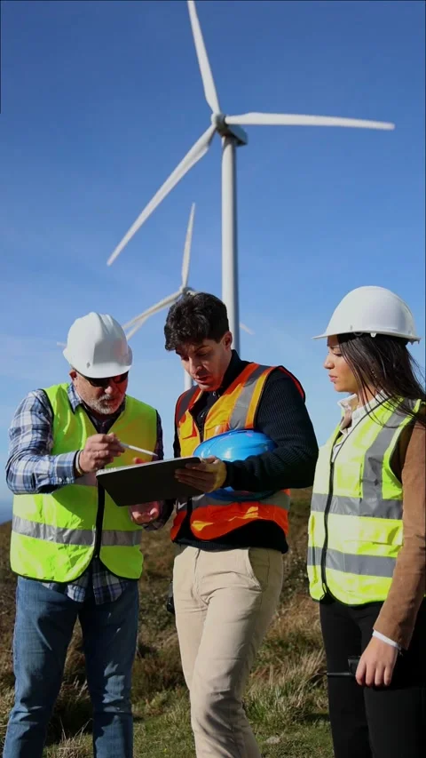Three multicultural engineers discussing plans near wind turbines Stock Footage 294976132