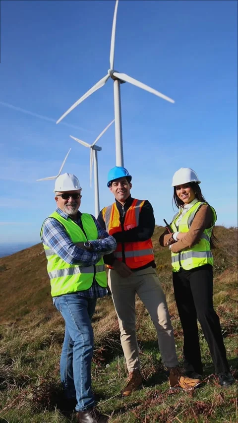 Three multicultural engineers posing with arms crossed in front of wind tur.. Stock Footage 294976139