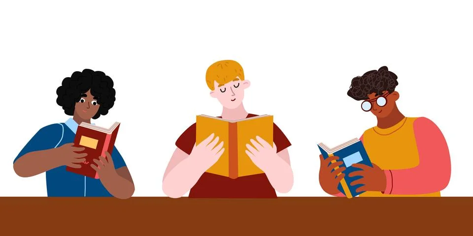 Three multicultural guys reading books Stock Illustration
