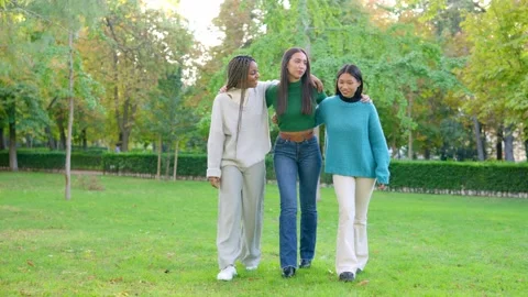 Three multiethnic friends embracing as walking in a park Stock Footage 232306877