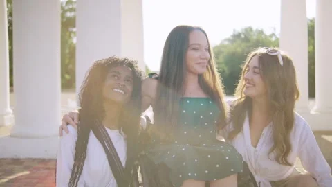Three multiracial friends one disabled in a wheelchair enjoying a sunny day Stock-Footage 313399590