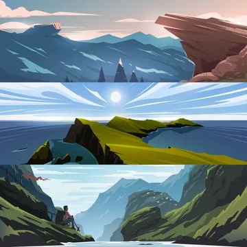 Three narrow vector banners on the theme of Climbing, Trekking, Hiking, Stock Illustration