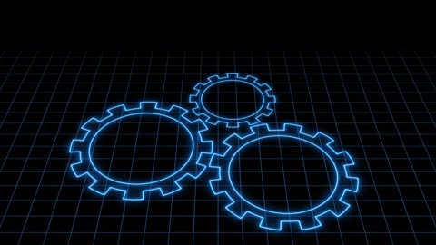 Three Neon Blue Gears Interlocking on a Grid Background cogs Stock Footage 330476287