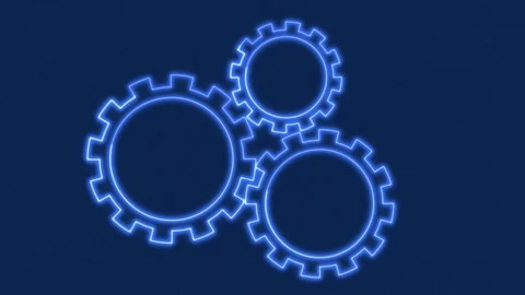 Three Neon Blue Gears Interlocking on a Textured Dark Blue Background cogs Stock Footage 330476288