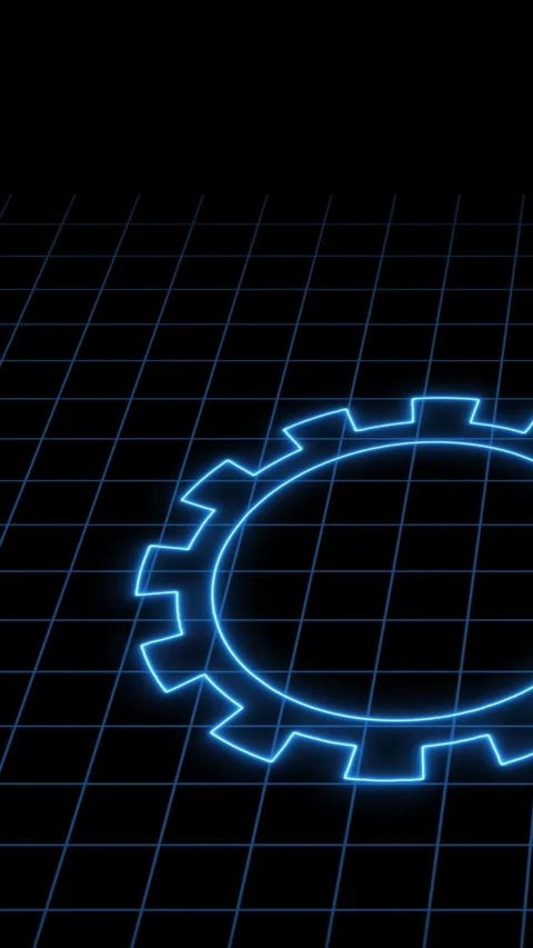 Three neon blue gears interlocking on grid. Three neon blue gears cogs tech.. Video stock 345719909