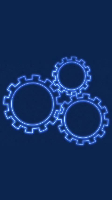 Three neon blue gears interlocking on dark blue. Three neon blue gears cogs.. Video stock 345719915