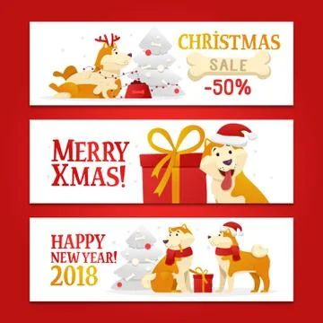 Three New Year 2018 and Christmas horizontal banners with yellow dogs symbol and Stock Illustration