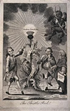 Three noblemen dance round a tall thistle as the devil plays the bagpipes; .. Stockillustratie