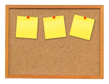 Three note paper on Cork board isolated on white with clipping path. Stock Photos
