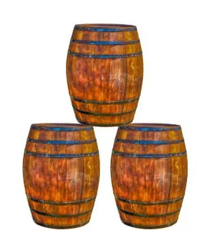 Three oak barrels stack triangular on a white isolated background 스톡 사진