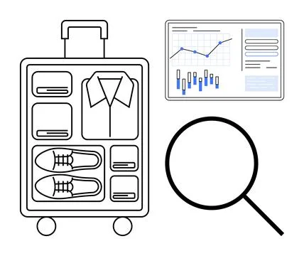 Three objects - a neatly packed suitcase, a data analysis chart, and a magnif Stock Illustration