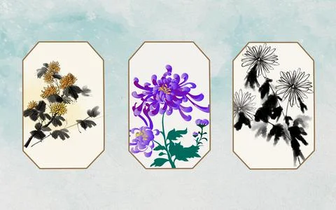 Three octagonal beige panels with abstract flowers on a light blue backdrop Stock Illustration