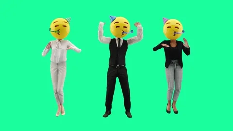 Three office characters with emoji faces and party Stock-Footage 314098309