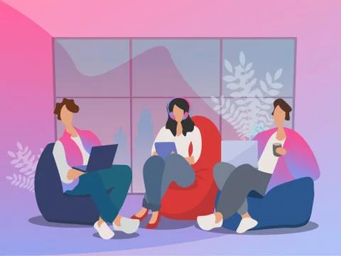 Three office workers sit in a cozy office and discuss business and finance. Stock Illustration