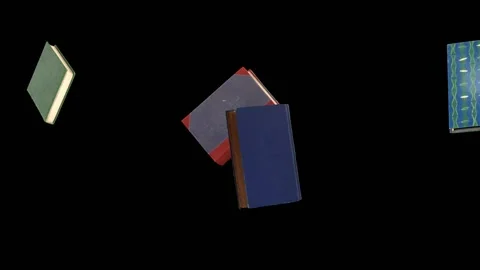 Three old books and one new one rotate and turn over on a black background. Stock Footage 155664731