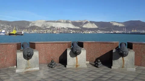 Three old cannons are directed to sea. Coastal battery at observation deck. Stock Footage 165822596