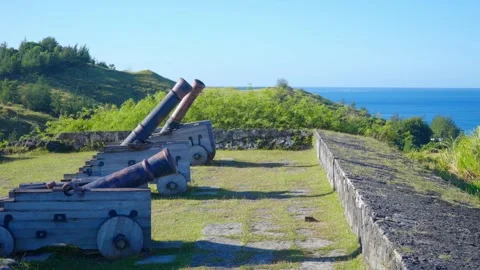 Three old cannons pointing to the ocean Video stock 168483599