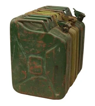 Three old rusty gasoline jerry can  isolated on white background Foto stock