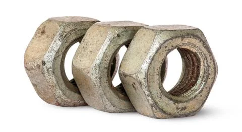Three old rusty nuts in a row rotated Stock Photos
