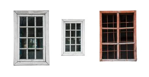 Three old windows on white background, isolated Foto stock