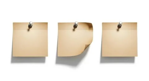 Three old yellow sticky notes pinned to an invisible surface with shadows Stockillustratie