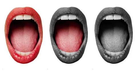 Three open mouths display different shades and tones. The first mouth is red, Stock Photos